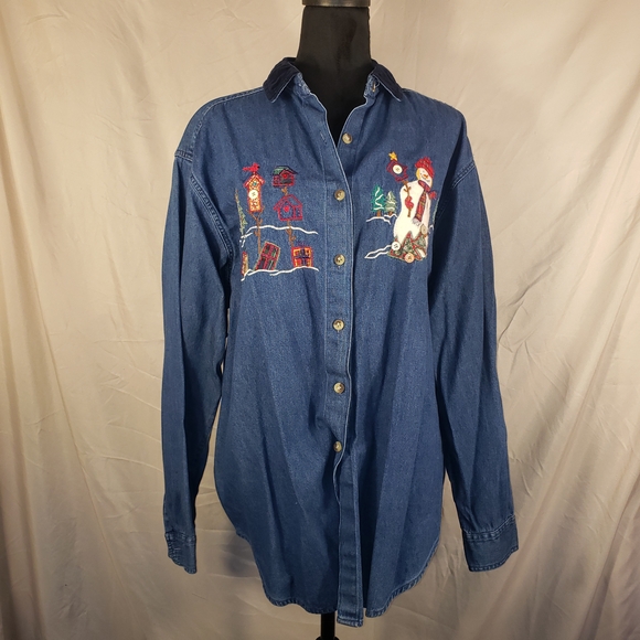 Casey & Max Tops - Casey & Max Blue Velvet Collared Denim Holiday Shirt - L